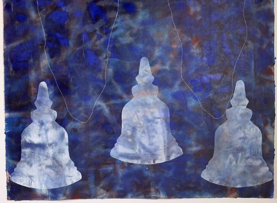 Alternate image of big blue world with three stupas by Judy Watson
