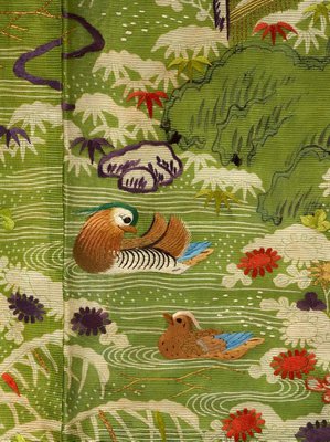 Alternate image of Unlined kosode ('hitoe') with design of mandarin ducks in snow covered landscape with plum trees, pines and reeds on yellow-green plain weave ramie ('asa') by 