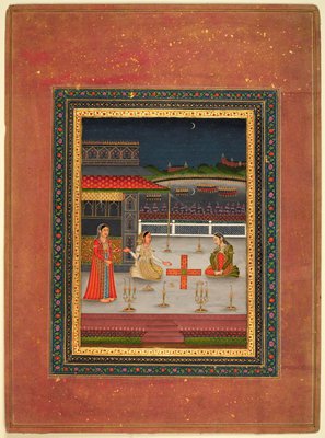 Alternate image of A princess with a companion playing pachisi on a pavilion terrace at night, fireworks on a lake in the background by 