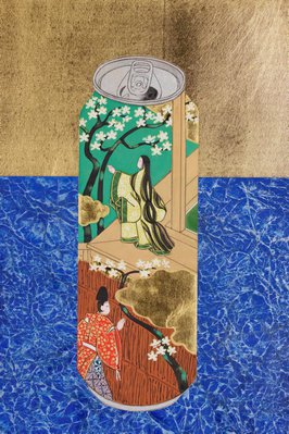 Alternate image of Cans decorated with scenes of chapters 'Young Murasaki' and 'Beneath the autumn leaves' from 'The Tale of Genji' on blue carpet by Yamamoto Tarō