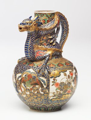 Alternate image of Vase with design of flowers, phoenixes with dragon-shaped spout by Meigyokuzan, Satsuma ware