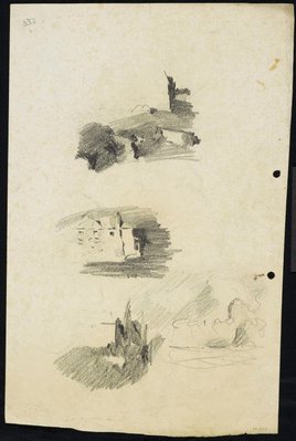 Alternate image of recto: The Trust Building and the GPO clock tower
verso: Three small studies of houses in the landscape by Lloyd Rees