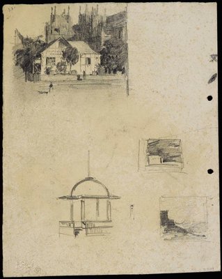 Alternate image of recto: The Recruiting Booth, Martin Place, Sydney
verso: House in front of St Andrews Cathedral, Recruiting Booth and Two sketches by Lloyd Rees