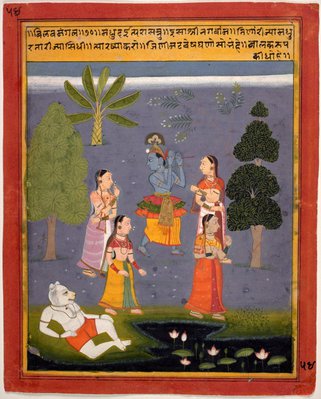 Alternate image of Krishna playing the flute among the gopis while the demon Madhu sits on the riverbank by 