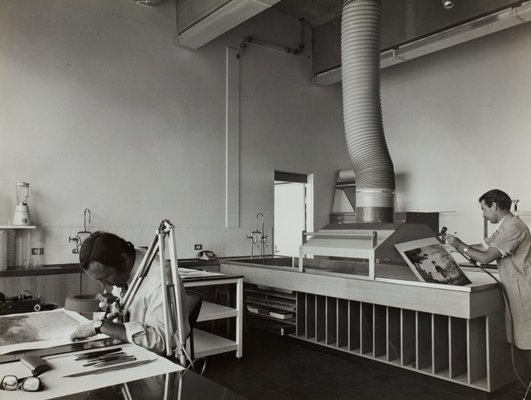 Alternate image of Historical interior view of the paper conservation section of the Art Gallery of New South Wales, showing retouching work proceeding on the left and spray-bleaching on the right by Max Dupain