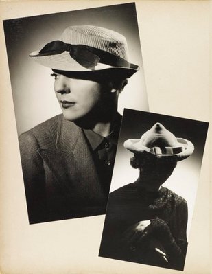 Alternate image of recto: Untitled (study of woman listening to watch)
verso top: Untitled (hat advertisement I: black bow)
verso bottom: Untitled (hat advertisement I: white bow) by Max Dupain