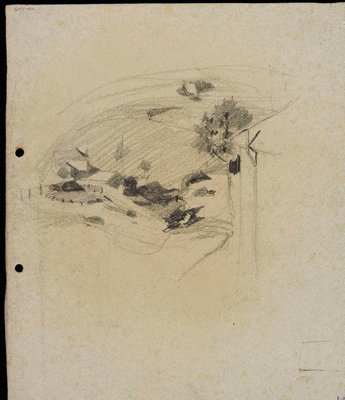Alternate image of recto: Landscape and buildings
verso: Landscape and houses [upside down] by Lloyd Rees