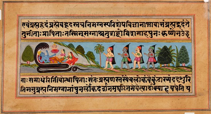Alternate image of recto: Vishnu reclining on the cosmic serpent with 4 visiting devotees
verso: Vishnu seated in a temple with 5 visiting devotees by 