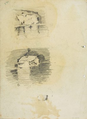 Alternate image of recto: Landscape composition and House by the Harbour
verso: Harbour cliff, House by the Harbour and Man in a hat by Lloyd Rees