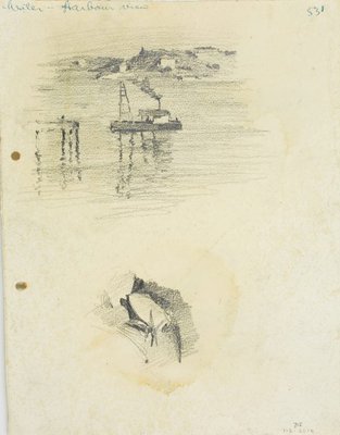Alternate image of recto:  Headland with tower and Harbour sketch
verso: Harbour view with boat and pile driver by Lloyd Rees