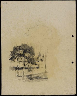 Alternate image of recto: Tree with house with turret and chimney
verso: Tree with house turret and chimney by Lloyd Rees