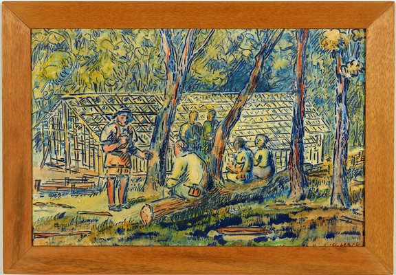 Alternate image of School group with timber framed building, Timbertop by Ludwig Hirschfeld-Mack