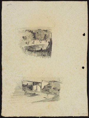 Alternate image of recto: Street of houses [top] and Trees [bottom]
verso: Landscape with water [top] and Road under railway line [bottom] by Lloyd Rees