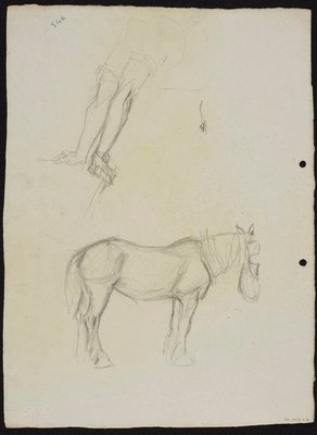 Alternate image of recto: Two work horses
verso: Arms pressing down [top] and Work horse with nosebag [bottom] by Lloyd Rees