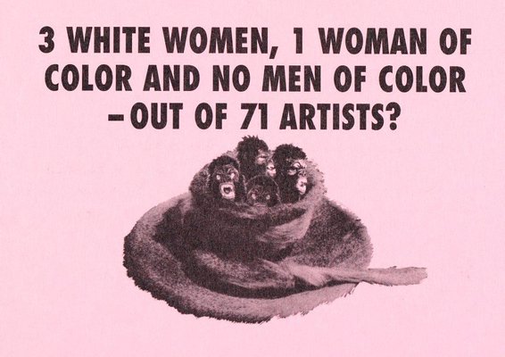 Alternate image of 3 white women, 1 woman of color and no men of color - out of 71 artists? by Guerrilla Girls
