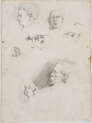 Alternate image of recto: Merlin's head, Hands and Roses
verso: Father reading and Self portraits by Lloyd Rees
