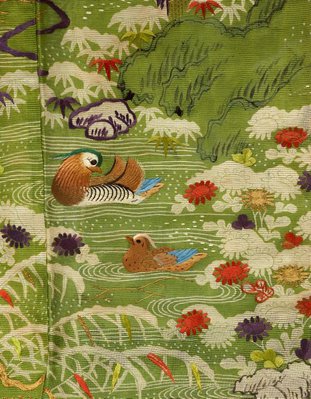 Alternate image of Unlined kosode ('hitoe') with design of mandarin ducks in snow covered landscape with plum trees, pines and reeds on yellow-green plain weave ramie ('asa') by 