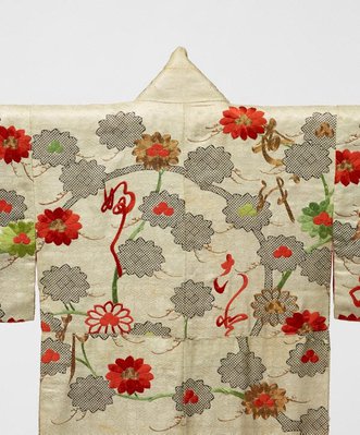 Alternate image of Kosode (small-sleeve kimono) with design of blossoming trees and scattered poem on white figured silk satin ('rinzu') by 