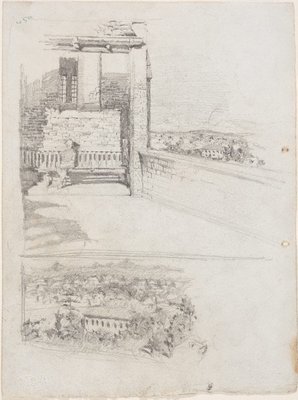 Alternate image of recto: Study of the nave with pulpit, St Brigid's
verso: Figure on terrace, St Brigid’s, Red Hill and Study of the landscape from the terrace by Lloyd Rees