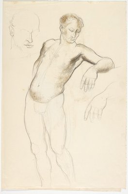 Alternate image of recto: Harbour landscape and Male nude, back view and Foot
verso: Head study, Leaning male nude; Hand and Male nude, back view by Lloyd Rees