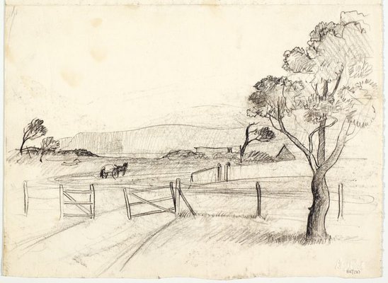 Alternate image of recto: Sketch, Gerringong with horse and cart and Landscape with rounded hills, South Coast
verso: Fallen rocks and Landscape sketch by Lloyd Rees