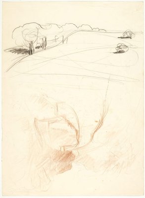 Alternate image of recto: Landscape with fence posts
verso: Country road and Landscape sketch by Lloyd Rees