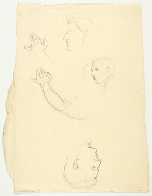 Alternate image of recto: Sheet of male portraits (George Lawrence and one other)
verso: Head of a man, two men and two studies of a left arm by Lloyd Rees