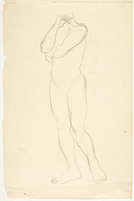 Alternate image of recto: Country landscape with tree
verso: Standing male nude and portrait of the model; Standing male nude by Lloyd Rees