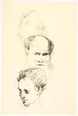 Alternate image of recto: Rooftop behind trees and Sketch of tree trunk
verso: Two heads (Self portrait and Alan?) by Lloyd Rees
