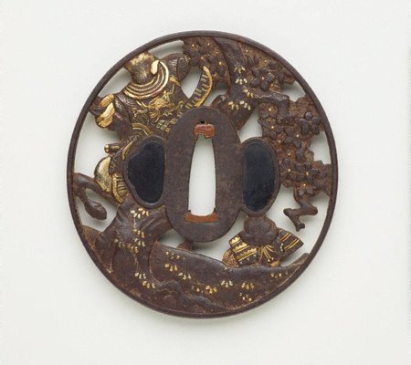Alternate image of tsuba (with pierced design of two samurai, one on a horse and another on the ground, under a blossoming tree) by Mogarashi Sōten