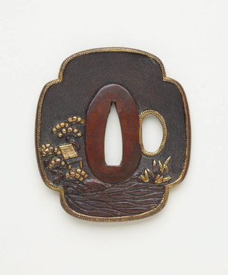 Alternate image of Quatrefoil-shaped sword guard ('tsuba') with design of landscape with castle, pine tree, mill and bridge by 