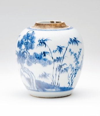 Alternate image of Ginger jar decorated in underglaze blue with the "Three Friends" the pine, bamboo and plum blossom by 