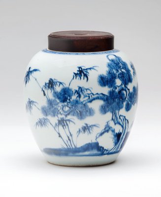 Alternate image of Ginger jar decorated in underglaze blue with the "Three Friends" the pine, bamboo and plum blossom by 