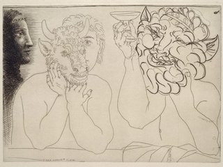 AGNSW collection Pablo Picasso Young man with mask of a bull, faun and profile of a woman 1934
