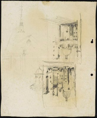 Alternate image of recto: Comrie fountain and tree in front of St James and Street scene [upside down]
verso: Along George Street to Queen Victoria Building [twice] and St James with fountain [faint, upside down] by Lloyd Rees