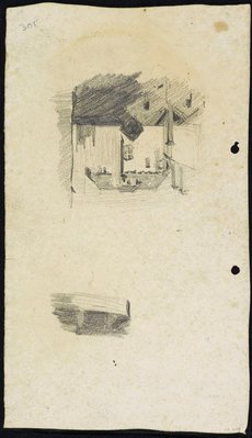 Alternate image of recto: Side portico of St James' Church
verso: The House with an attic [top, upside down] and Two men in a boat [bottom] by Lloyd Rees