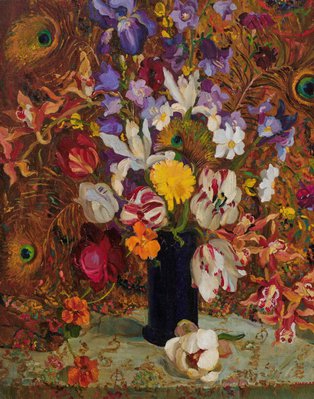 Alternate image of (Flowers with peacock feathers) by Margaret Coen