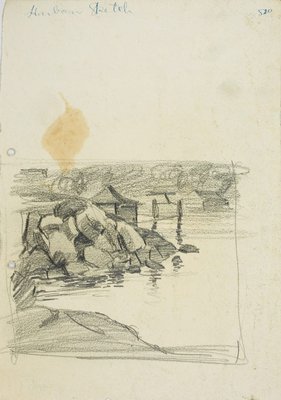 Alternate image of recto: House by the water
verso: Rocky harbour shore with Old Musgrave Street wharf by Lloyd Rees