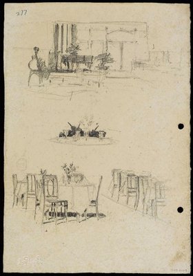 Alternate image of recto: Shop restaurant interior with grand piano and table setting
verso: Shop restaurant with details by Lloyd Rees