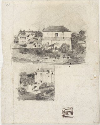Alternate image of recto: Two storey home with hill behind
verso: The two storey home with other houses [top] and A large house [centre] and Composition sketch [bottom] by Lloyd Rees
