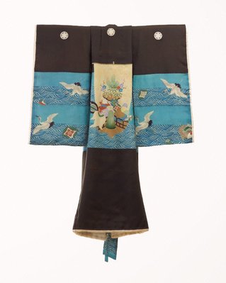 Alternate image of Kimono for first presentation of baby at Shinto shrine (Miyamairi kimono) with design of cranes over waves and auspicious instruments by 