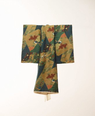 Alternate image of Kimono for first presentation of baby at Shinto shrine (Miyamairi kimono) with design of fan-shaped cartouches containing pines, aoi leaves and Samurai battle scenes by 