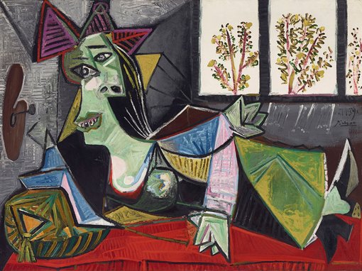 	
		‘anxious glances and twisted fingers became, in Picasso’s portraits, a seismographic record of the dark times when the Spanish Civil War raged and the Nazis were on the march…’ – Anne Baldassari
	

	Pablo PicassoFemme allongée sur un canapé (Dora Maar) 1939oil on canvas, 97.1 × 130.2 cm, The Lewis Collection© Pablo Picasso/Succession Pablo Picasso